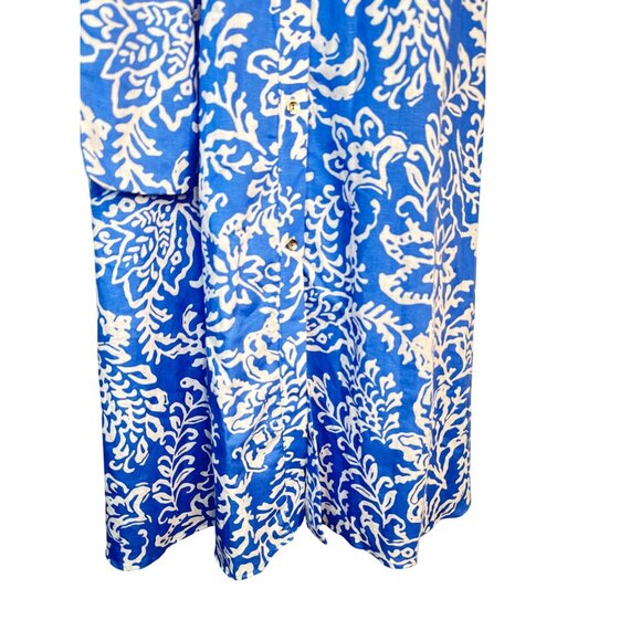 ZARA Large Blue & White Floral Belted Button-Down Midi Dress L Linen Blend Moroc - Picture 8 of 16